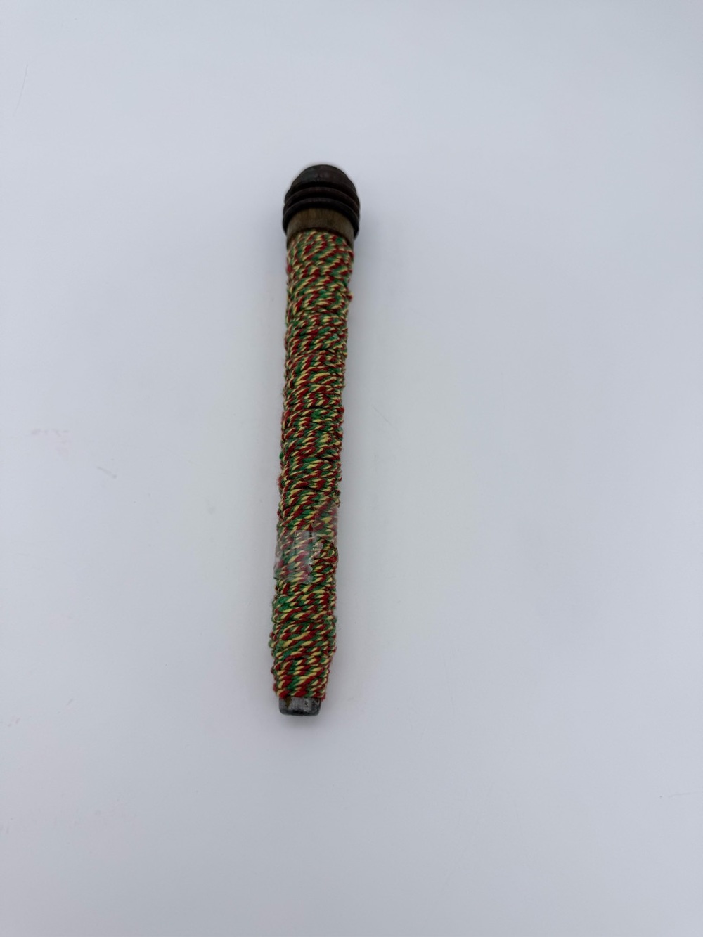 Vtg. Antique Primitive Wooden Sewing Spool With Rasta Style Yarn 6-1/8 Long